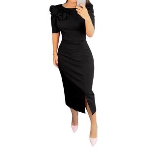 imageWomens Bodycon Midi Dress Ruched Puff Sleeve Cocktail Pencil Dress Casual Slit Party Work DressesAblack