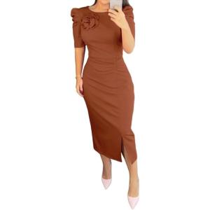 imageWomens Bodycon Midi Dress Ruched Puff Sleeve Cocktail Pencil Dress Casual Slit Party Work DressesBrown