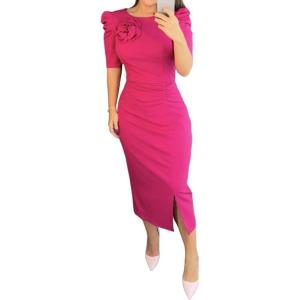 imageWomens Bodycon Midi Dress Ruched Puff Sleeve Cocktail Pencil Dress Casual Slit Party Work DressesHot Pink