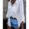 imageCHICME 2025 Womens Blouses Button Down Shirts Long Sleeve Loose Fit Casual Blouse Pocket with V Back Metal ChainAwhite