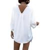 imageCHICME 2025 Womens Blouses Button Down Shirts Long Sleeve Loose Fit Casual Blouse Pocket with V Back Metal ChainAwhite