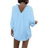 imageCHICME 2025 Womens Blouses Button Down Shirts Long Sleeve Loose Fit Casual Blouse Pocket with V Back Metal ChainLighted Blue