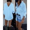 imageCHICME 2025 Womens Blouses Button Down Shirts Long Sleeve Loose Fit Casual Blouse Pocket with V Back Metal ChainLighted Blue