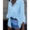 imageCHICME 2025 Womens Blouses Button Down Shirts Long Sleeve Loose Fit Casual Blouse Pocket with V Back Metal ChainLighted Blue