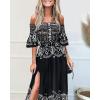 imageCHICME Floral Print Summer Dress for Women Boho Off Shoulder Maxi Dress Bell Sleeve Flowy A Line Smocked Beach DressesBlack