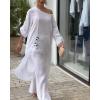 imageCHICME Women 2 Piece Outfits Cold Shoulder Long Sleeve Top Wide Leg Pants Linen Matching Lounge SetAwhite
