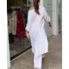 imageCHICME Women 2 Piece Outfits Cold Shoulder Long Sleeve Top Wide Leg Pants Linen Matching Lounge SetAwhite