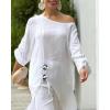 imageCHICME Women 2 Piece Outfits Cold Shoulder Long Sleeve Top Wide Leg Pants Linen Matching Lounge SetAwhite