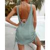 imageCHICME Womens Crochet Dresses Round Neck Sleeveles Knitted Dress Casual Backless Vacation Mini DressAgreen