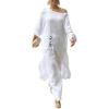 imageCHICME Women 2 Piece Outfits Cold Shoulder Long Sleeve Top Wide Leg Pants Linen Matching Lounge SetAwhite