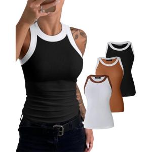 imageCHICME BEST SHOPPING DEALS Chic Me 3 Piece Womens Sleeveless Color Block Tank Tops Basic Cami Shirt and Tank BlousesBrown Black Light Brown