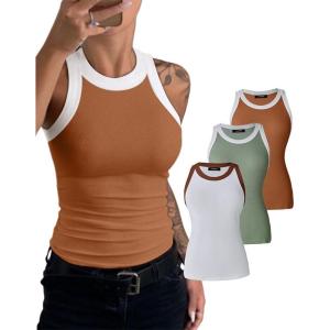 imageCHICME BEST SHOPPING DEALS Chic Me 3 Piece Womens Sleeveless Color Block Tank Tops Basic Cami Shirt and Tank BlousesBrown Green Light Brown