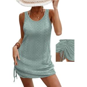 imageCHICME Womens Crochet Dresses Round Neck Sleeveles Knitted Dress Casual Backless Vacation Mini DressAgreen