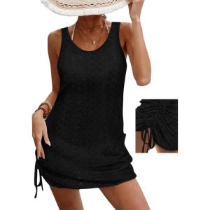 imageCHICME Womens Crochet Dresses Round Neck Sleeveles Knitted Dress Casual Backless Vacation Mini DressBlack