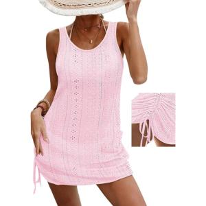 imageCHICME Womens Crochet Dresses Round Neck Sleeveles Knitted Dress Casual Backless Vacation Mini DressPink