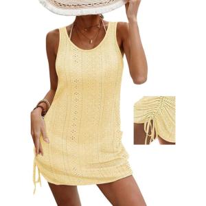 imageCHICME Womens Crochet Dresses Round Neck Sleeveles Knitted Dress Casual Backless Vacation Mini DressYellow