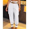 imageCHICME Women High Waist Pants Casual Wide Leg Pants with Pockets Buckle Cuffed Cargo PantsAwhite