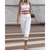 imageCHICME Women High Waist Pants Casual Wide Leg Pants with Pockets Buckle Cuffed Cargo PantsAwhite