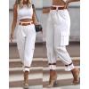 imageCHICME Women High Waist Pants Casual Wide Leg Pants with Pockets Buckle Cuffed Cargo PantsAwhite