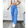 imageCHICME Women High Waisted Cargo Pants Button Down Casual Loose Fit Trendy Work Trousers with 6 PocketsBlue