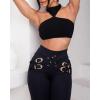 imageCHICME Womens Slim fit Black Pants Criss Cross Buckled Decor High Waist Skinny Pants Trousers LeggingsBlack