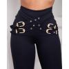 imageCHICME Womens Slim fit Black Pants Criss Cross Buckled Decor High Waist Skinny Pants Trousers LeggingsBlack