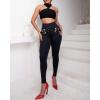 imageCHICME Womens Slim fit Black Pants Criss Cross Buckled Decor High Waist Skinny Pants Trousers LeggingsBlack