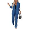 imageCHICME 2025 Womens Two Piece Outfits Striped Side Button Blazer and Pants with Pockets Sets Business Casual Pant Suits SetDark Blue