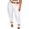 imageCHICME Women High Waist Pants Casual Wide Leg Pants with Pockets Buckle Cuffed Cargo PantsAwhite