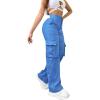 imageCHICME Women High Waisted Cargo Pants Button Down Casual Loose Fit Trendy Work Trousers with 6 PocketsBlue