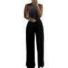 imageCHICME Womens One Piece Jumpsuit Rhinestone Cutout Ruched Wide Leg Jumpsuit Overall Long PantsBlack