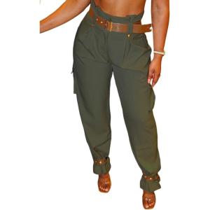 imageCHICME Women High Waist Pants Casual Wide Leg Pants with Pockets Buckle Cuffed Cargo PantsArmy Green