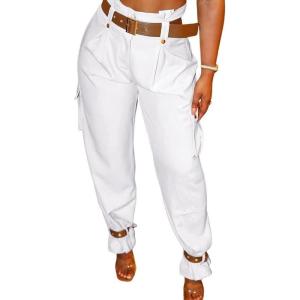 imageCHICME Women High Waist Pants Casual Wide Leg Pants with Pockets Buckle Cuffed Cargo PantsAwhite