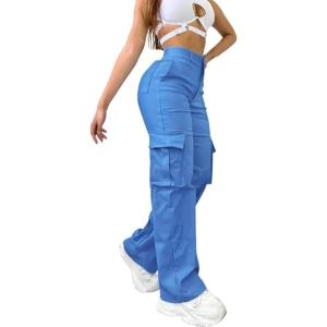 imageCHICME Women High Waisted Cargo Pants Button Down Casual Loose Fit Trendy Work Trousers with 6 PocketsBlue