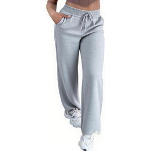 imageCHICME Womens Casual 2025 High Waisted Lounge Pants with Pockets Comfy Drawstring Wide Leg Sweatpants TrousersGray