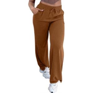 imageCHICME Womens Casual 2025 High Waisted Lounge Pants with Pockets Comfy Drawstring Wide Leg Sweatpants TrousersKhaki