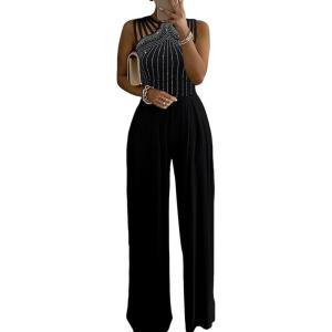 imageCHICME Womens One Piece Jumpsuit Rhinestone Cutout Ruched Wide Leg Jumpsuit Overall Long PantsBlack