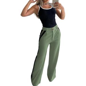 imageWomens 2 Piece Outfits Summer Casual Sleeveless U Neck Slim Fit Tops and Striped Wide Leg Pants Lounge SetArmy Green