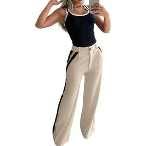 imageWomens 2 Piece Outfits Summer Casual Sleeveless U Neck Slim Fit Tops and Striped Wide Leg Pants Lounge SetBlack
