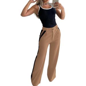 imageWomens 2 Piece Outfits Summer Casual Sleeveless U Neck Slim Fit Tops and Striped Wide Leg Pants Lounge SetBrown