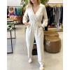 imageCHICME 2025 Casual Jumpsuits for Women Lapel VNeck Long Sleeve Drawstring Waist Jumpsuit with Side PocketsBeige