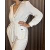 imageCHICME 2025 Casual Jumpsuits for Women Lapel VNeck Long Sleeve Drawstring Waist Jumpsuit with Side PocketsBeige