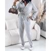 imageCHICME 2025 Casual Jumpsuits for Women Lapel VNeck Long Sleeve Drawstring Waist Jumpsuit with Side PocketsGray