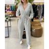 imageCHICME 2025 Casual Jumpsuits for Women Lapel VNeck Long Sleeve Drawstring Waist Jumpsuit with Side PocketsGray