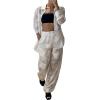 imageCHICME 2025 Womens Textured Two Piece Outfit Set Elegant Button Down Long Sleeve Shirt and Loose Wide Leg Pants SetWhite