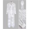 imageCHICME 2025 Womens Textured Two Piece Outfit Set Elegant Button Down Long Sleeve Shirt and Loose Wide Leg Pants SetWhite