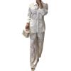 imageCHICME 2025 Womens Textured Two Piece Outfit Set Elegant Button Down Long Sleeve Shirt and Loose Wide Leg Pants SetWhite