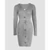 imageCHICME 2025 Womens V Neck Ribbed Long Sleeve Sweater Dress Button Decor Adjustable Drawstring Waist Mini DressAgray