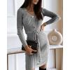imageCHICME 2025 Womens V Neck Ribbed Long Sleeve Sweater Dress Button Decor Adjustable Drawstring Waist Mini DressAgray