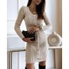 imageCHICME 2025 Womens V Neck Ribbed Long Sleeve Sweater Dress Button Decor Adjustable Drawstring Waist Mini DressCapricot
